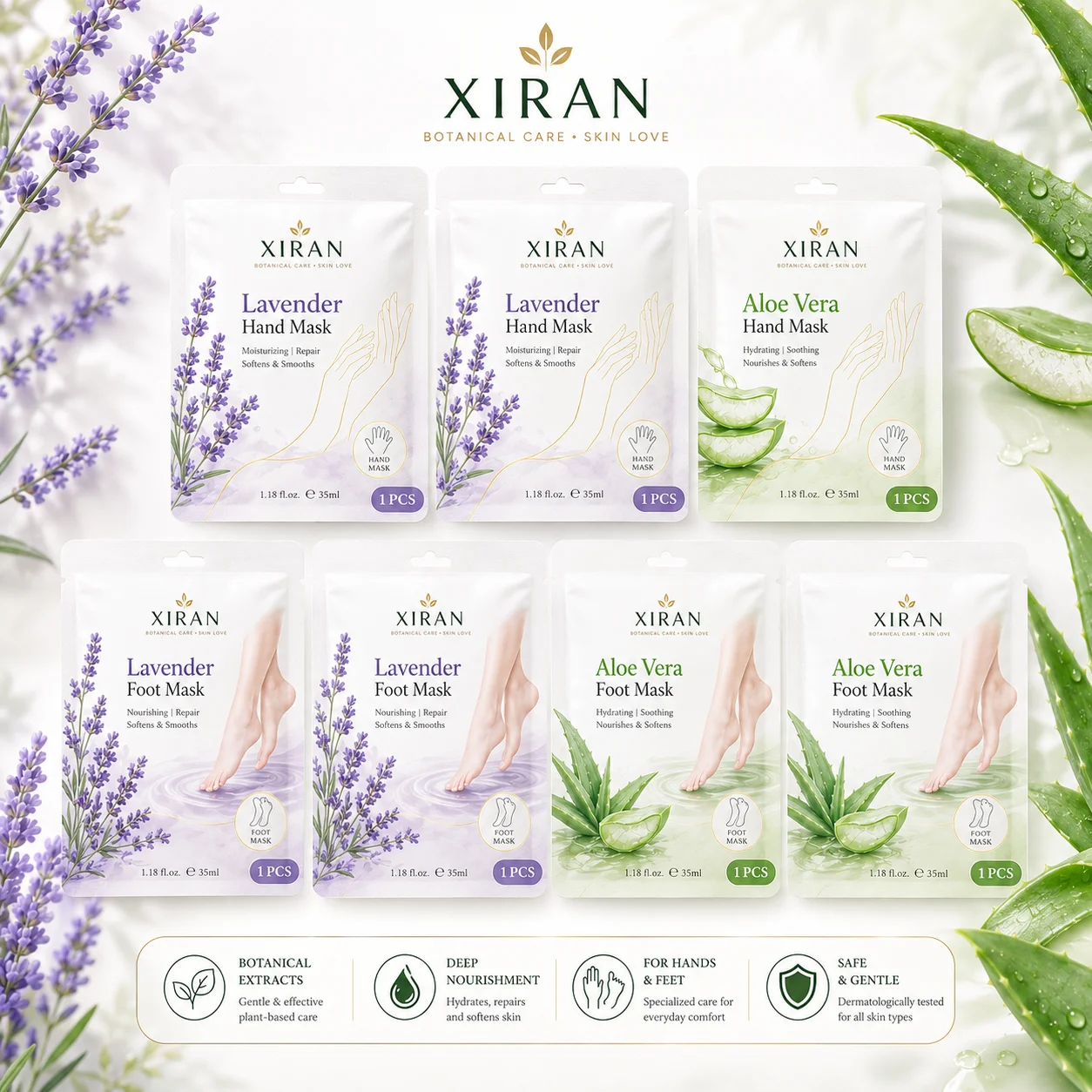 Display of Xiran hand and foot masks featuring lavender and aloe vera variants, highlighting natural ingredients and skincare benefits.